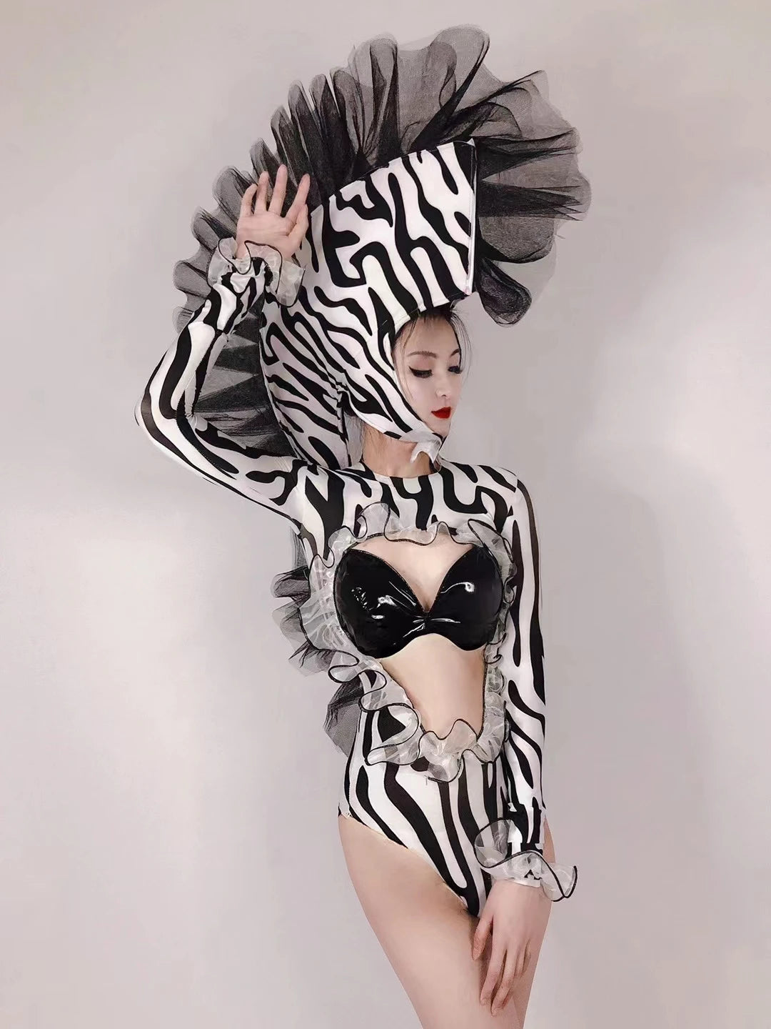 Women Zebra Role Playing Cosplay Costume Sexy Hollow Out Leather Bikini Bodysuit Headdress Outfit Bar Nightclub Festival Clothes