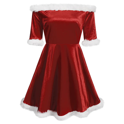 Women's Christmas Dress Santa Claus Cosplay Costume Plush Patchwork Half Sleeve Off Shoulder Slim Fit A-Line Dress Xmas Clothes