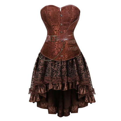 Women`s European Steampunk Pirate Costume Women Corset Dress Skirt Lace Up Plus Size Brown Zipper Faux Leather Corset Dress