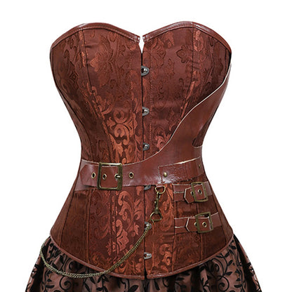 Women`s European Steampunk Pirate Costume Women Corset Dress Skirt Lace Up Plus Size Brown Zipper Faux Leather Corset Dress