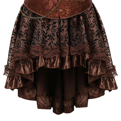 Women`s European Steampunk Pirate Costume Women Corset Dress Skirt Lace Up Plus Size Brown Zipper Faux Leather Corset Dress