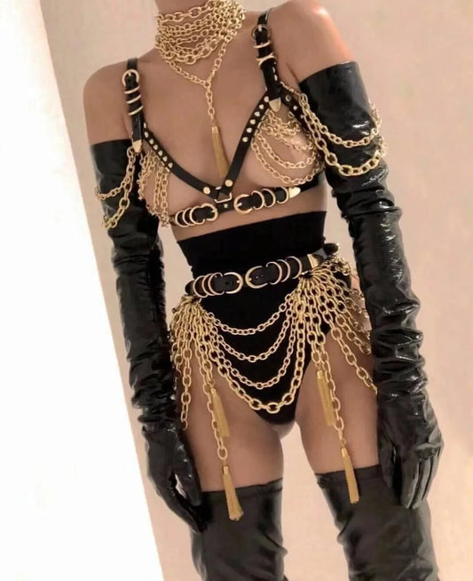 Women's Gold Metal Chain Bikini and Black Leather Long Glove Outfit - Sexy Bar Nightclub DJ Dancer Gogo Costume