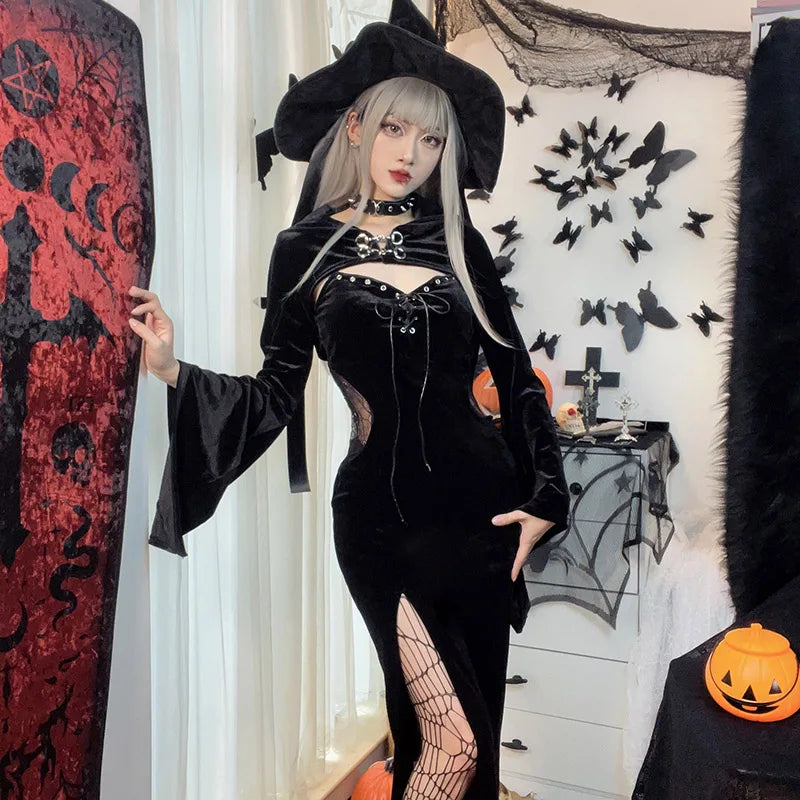 Women's Gothic Bandage Hooded Bell Sleeve Spider Web Lace Dress Long Sleeve Maxi Dress Halloween Costume