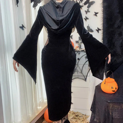 Women's Gothic Bandage Hooded Bell Sleeve Spider Web Lace Dress Long Sleeve Maxi Dress Halloween Costume