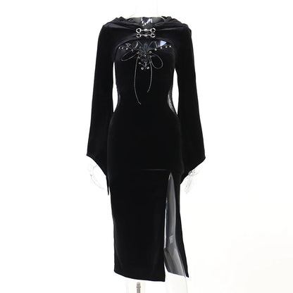 Women's Gothic Bandage Hooded Bell Sleeve Spider Web Lace Dress Long Sleeve Maxi Dress Halloween Costume