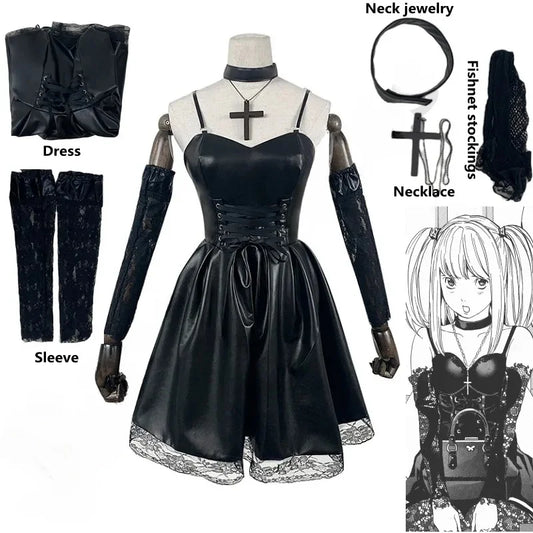 Women's Japanese Anime Cosplay Misa Amane Dress with Lace Trim Gothic Style Costume Imitation Leather Sexy Dress Halloween