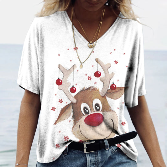 Women's New Year T-shirts Christmas Moose Graphic T-shirt Cartoon Harajuku V-neck Tops 5xl  Fashion Oversized Funny Clothes