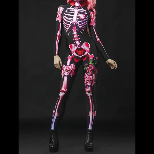 Women's Skeleton Rose Costume Girls Ghost Bride Theme Party Dressup Costume Printed Skeleton Jumpsuit Halloween Horror Party