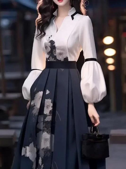 Women's Skirt Set Long Sleeved Blouse Top Temperament Show Thin Print Skirt Set