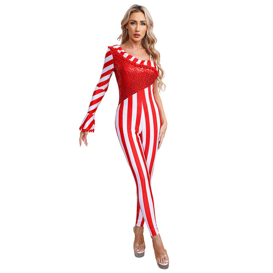 Womens Christmas Candy Cane Bodysuit Shiny Sequins Ballet Dance Gymnastics Leotard Xmas New Year Party Stage Performance Costume