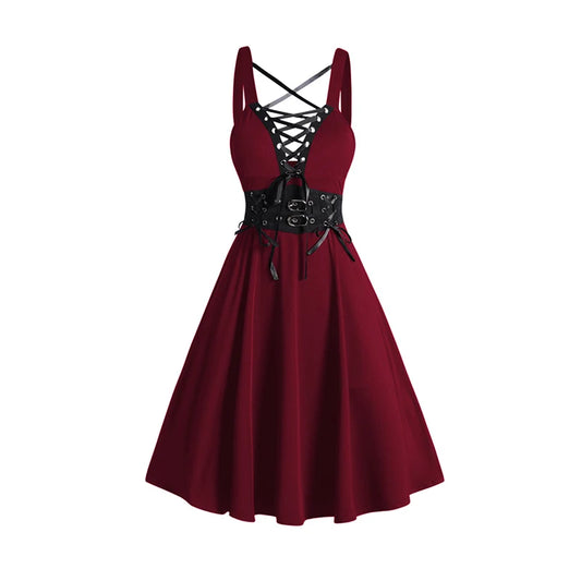 Womens Gothic Dress Lace Up Buckle Strap Crisscross Plunging Neck High Waisted A Line Mini Dress Sleeveless Sundresses vestidos