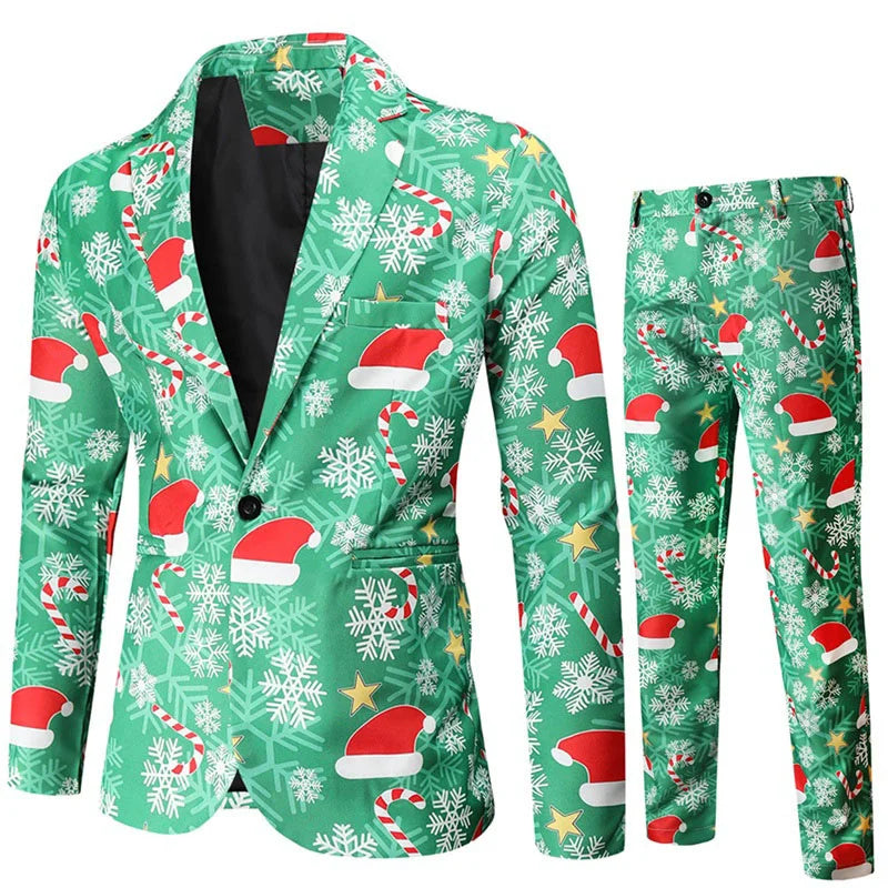 Xingqing Men Tuxedo Suits Christmas 2 Piece Regular Fit Suit Snowflake Santa Print Blazer Jacket Pants Suit Set Party Outfits