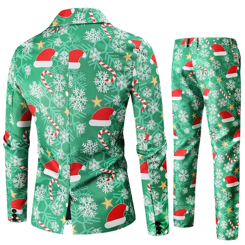 Xingqing Men Tuxedo Suits Christmas 2 Piece Regular Fit Suit Snowflake Santa Print Blazer Jacket Pants Suit Set Party Outfits