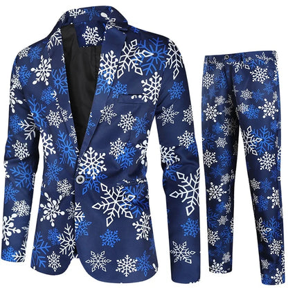 Xingqing Men Tuxedo Suits Christmas 2 Piece Regular Fit Suit Snowflake Santa Print Blazer Jacket Pants Suit Set Party Outfits