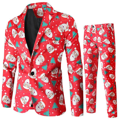 Xingqing Men Tuxedo Suits Christmas 2 Piece Regular Fit Suit Snowflake Santa Print Blazer Jacket Pants Suit Set Party Outfits