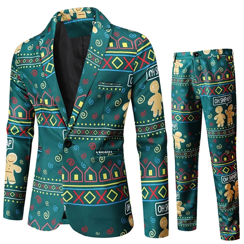 Xingqing Men Tuxedo Suits Christmas 2 Piece Regular Fit Suit Snowflake Santa Print Blazer Jacket Pants Suit Set Party Outfits