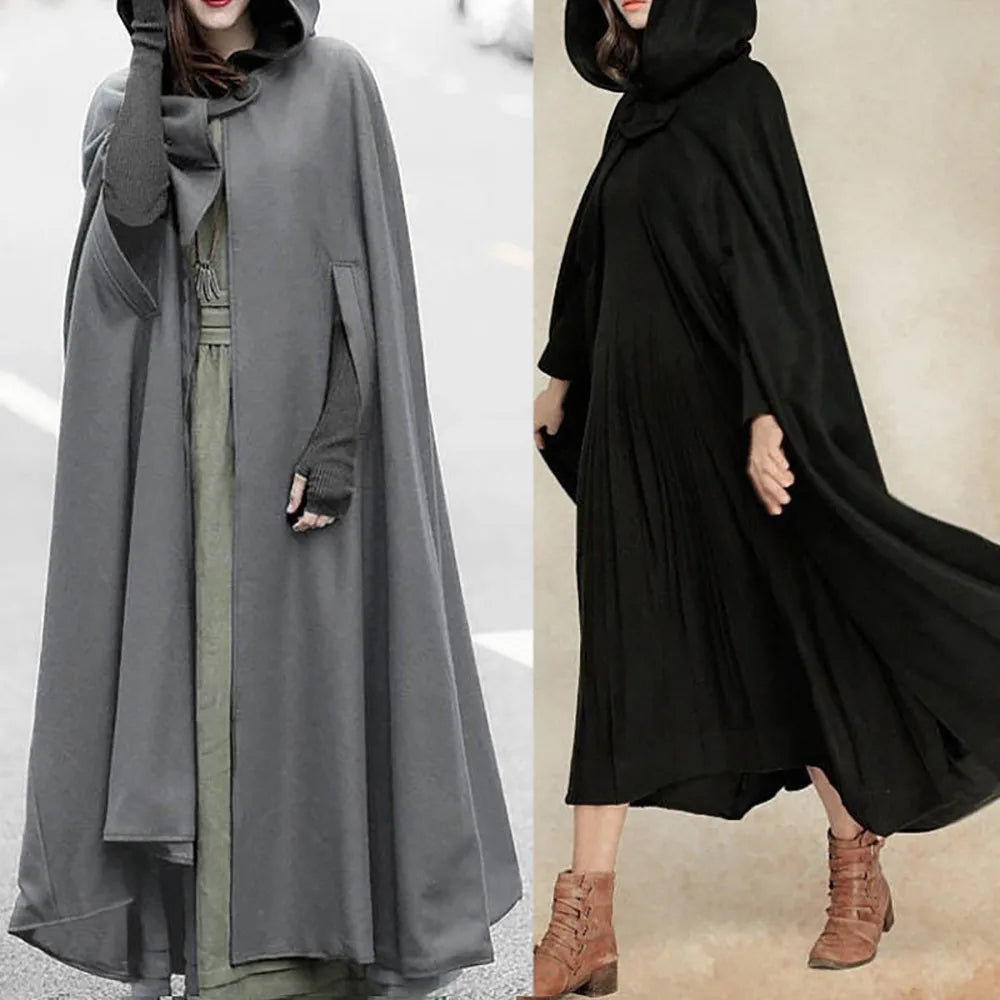 Women Poncho Winter Hooded Open Front Cloak Loose Solid Long Coat Hoodies Cosplay Outwear Christmas Casual Cape