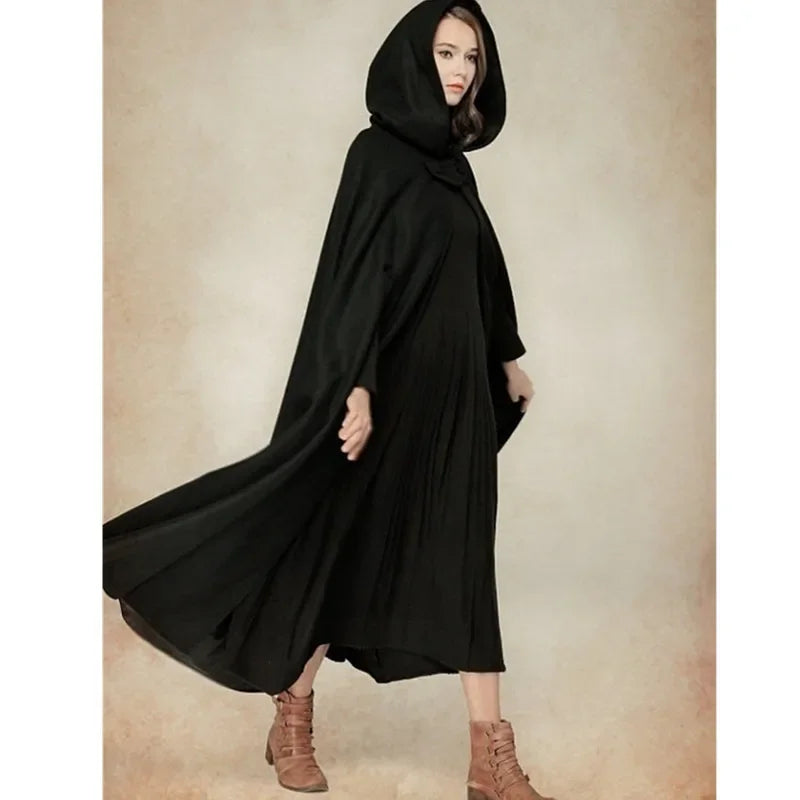 Women Poncho Winter Hooded Open Front Cloak Loose Solid Long Coat Hoodies Cosplay Outwear Christmas Casual Cape