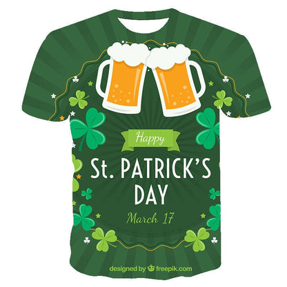 Irish St Patrick Day T-shirt Green Clover Animal Cat Adults Cotton Casual O-neck Tops