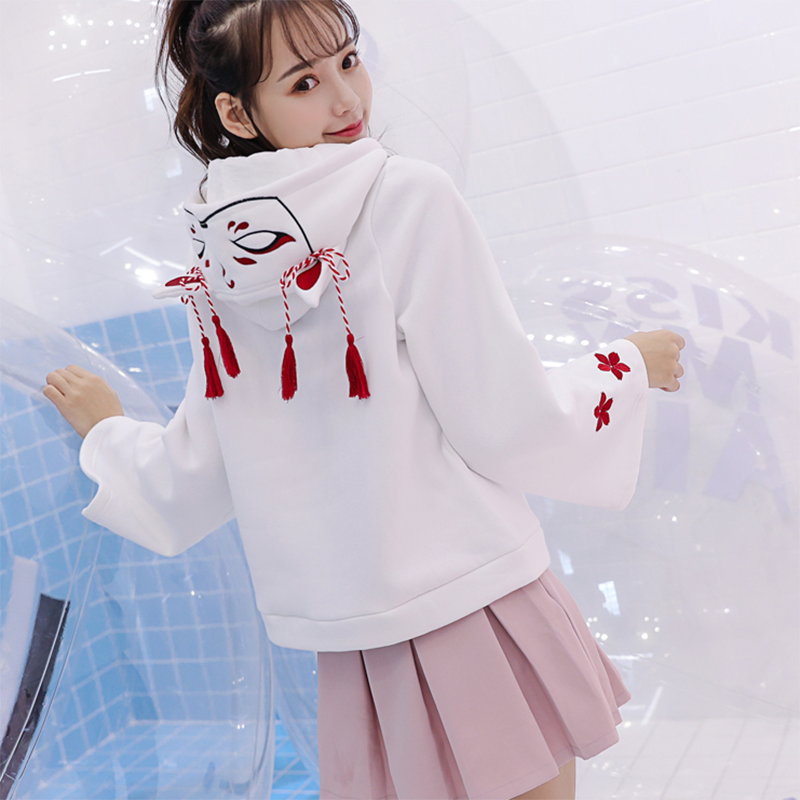 Fox Ghost Face Embroidery Tassels Hoodie