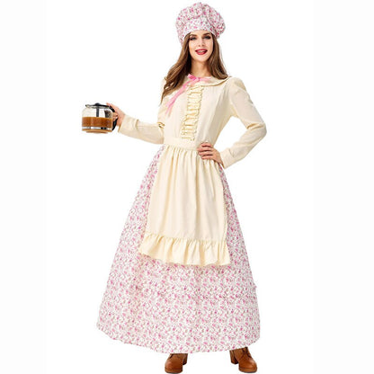 Adult Women Prairie Pioneer Woman Costume Colonial Dress Floral Halloween Purim Carnival Party Cook Maid Costumes