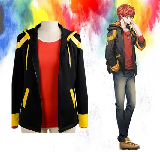 Cosplay Costume 707 Mystic Messenger Saeyoung Choi Cosplay Zipper Jacket Luciel Seven Hoodies Red T-shirt Short Orange Wig