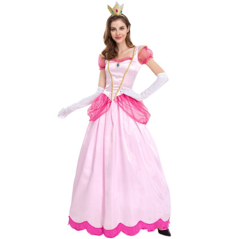 Adult Princess Peach Cosplay Costume Pink Yellow Sweet Dresses for Women Halloween Carnival Party Dress