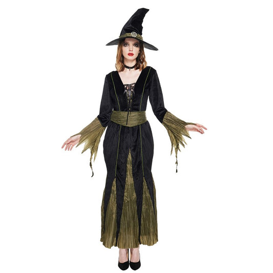 Adult Witch Deluxe Costume with Hat Halloween Women Comfortable Mage Dress up Carnival Easter Purim Dress