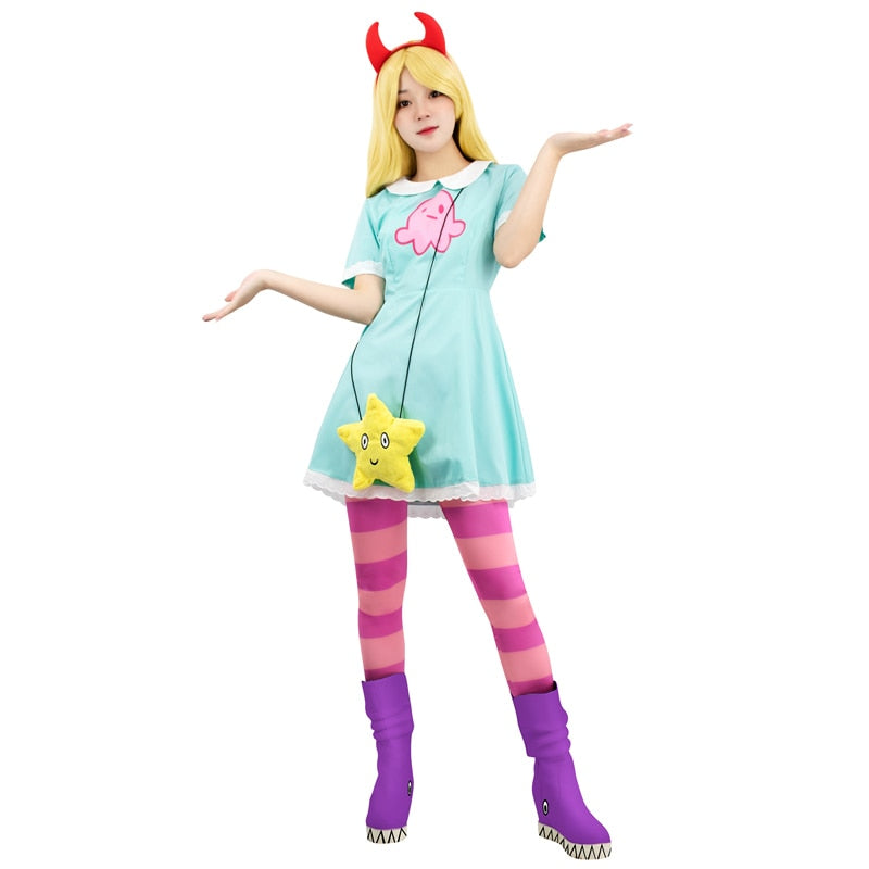 Women Star Cosplay Costume Outfit Horn and Bag Princess Star Adult Girl Lolita Dress Cosplay Costume with Star Bag