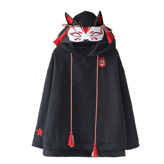 Fox Ghost Face Embroidery Tassels Hoodie