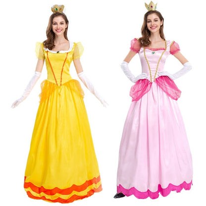 Adult Princess Peach Cosplay Costume Pink Yellow Sweet Dresses for Women Halloween Carnival Party Dress