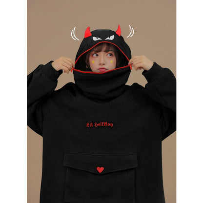 Demon Zipper Pocket Oversized Hoodie LIL HELLBOY Letter Embroidery