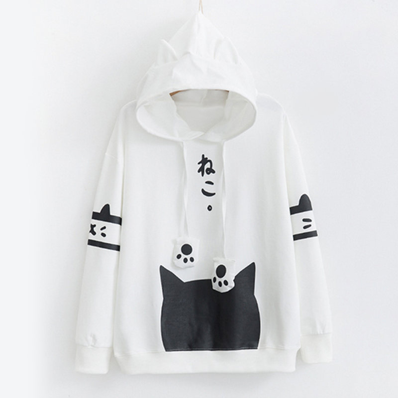 Kawaii Cat Print Paw Drawstrings Hoodie