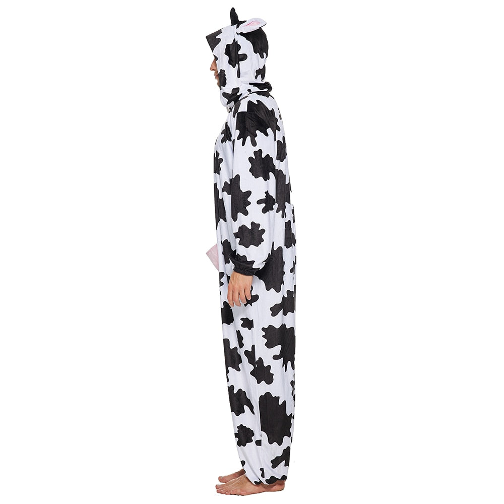 Adult Cows Pajamas Women Onesies Hooded Men Full Body Sleepwear Animal Kigurumi Cosplay Carnival Christmas Costume