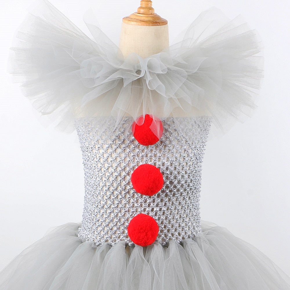Gray Clown Tutu Dress for Girls Carnival Halloween Costume for Kids Girl Joker Cosplay Tulle Outfit Children Party Scary Clothes