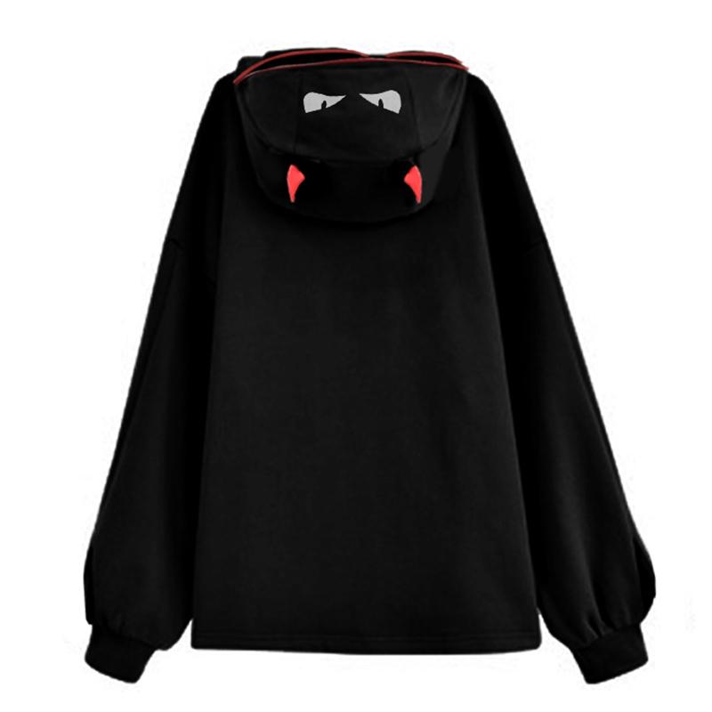 Demon Zipper Pocket Oversized Hoodie LIL HELLBOY Letter Embroidery