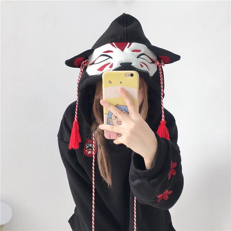 Fox Ghost Face Embroidery Tassels Hoodie