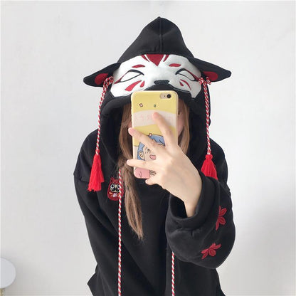 Fox Ghost Face Embroidery Tassels Hoodie