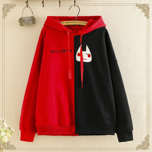 Japanese Cartoon Color Block Brushed Hoodie