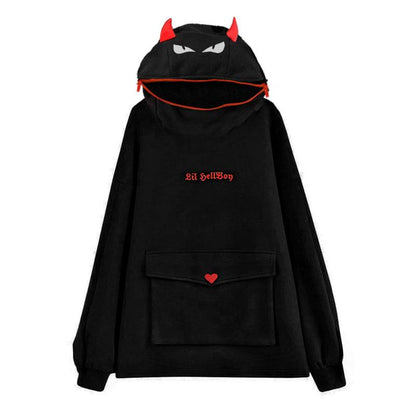 Demon Zipper Pocket Oversized Hoodie LIL HELLBOY Letter Embroidery