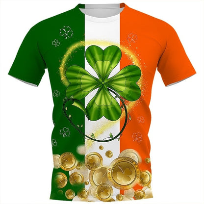 Irish St Patrick Day T-shirt Green Clover Animal Cat Adults Cotton Casual O-neck Tops