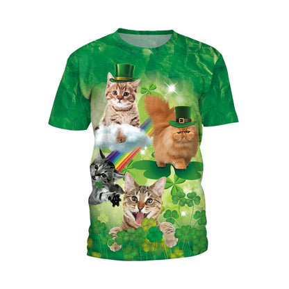 Irish St Patrick Day T-shirt Green Clover Animal Cat Adults Cotton Casual O-neck Tops