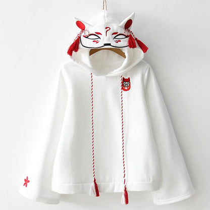 Fox Ghost Face Embroidery Tassels Hoodie