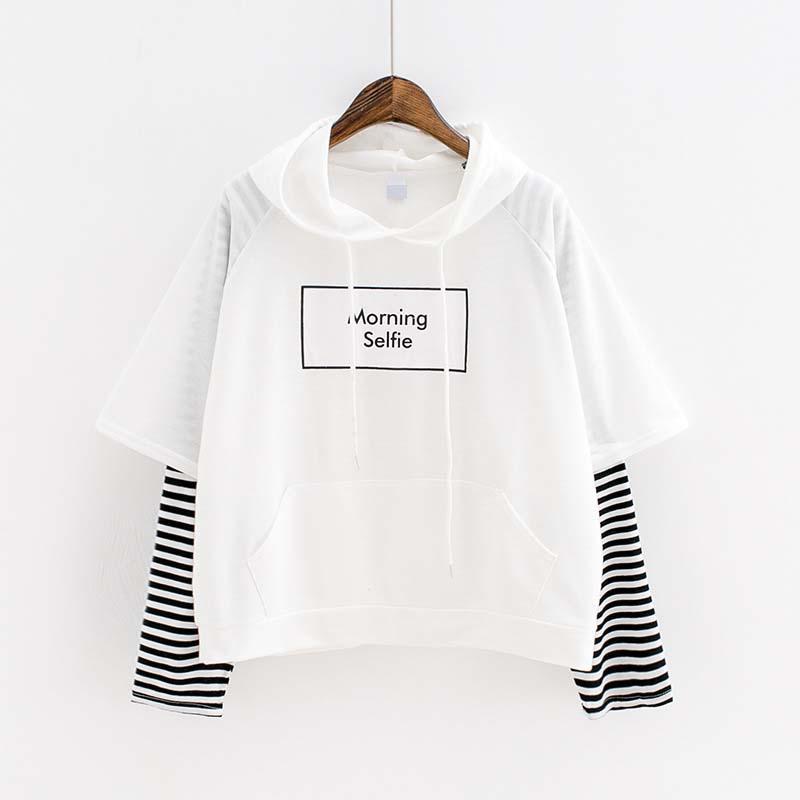 Fake Two-piece Tee Stripe Letter Print Morning Selfie Hoodie