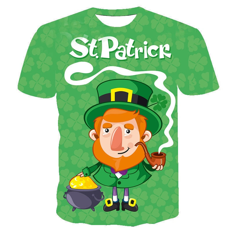 Irish St Patrick Day T-shirt Green Clover Animal Cat Adults Cotton Casual O-neck Tops