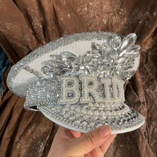 Women Bride Captain Hat Military Cap Sergeant Bridal Hat Hen Do Hat Festival Birthday Part Hat Luxury Rhinestone