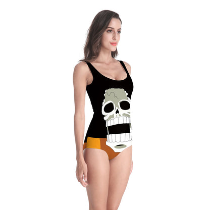 Crew Skull Musician Digital Printing One-Piece Swimsuit