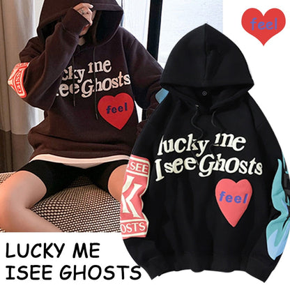 Harajuku Weirdo Graffiti Letter Printed Hoodies Men Lucky Me I See Ghosts Men Hooded Sweatshirt Fleece Pullover Streetwear