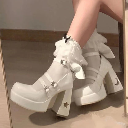 Heels Women Pumps Platform High Heels Ankle Strappy Casual Office Shoes Spring Summer Block Heels Mary Jane Shoes Heels White