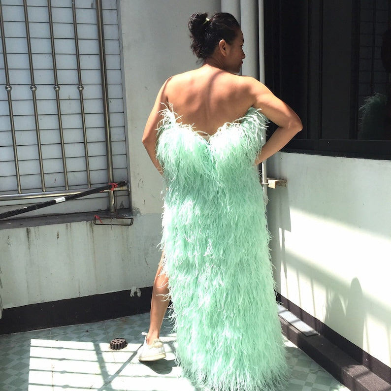 Naomi Mint Green High Slit Feathers Midi Dress,Unique Wedding Dress,Plus Size Wedding Dress,Ball Gown Wedding Dress